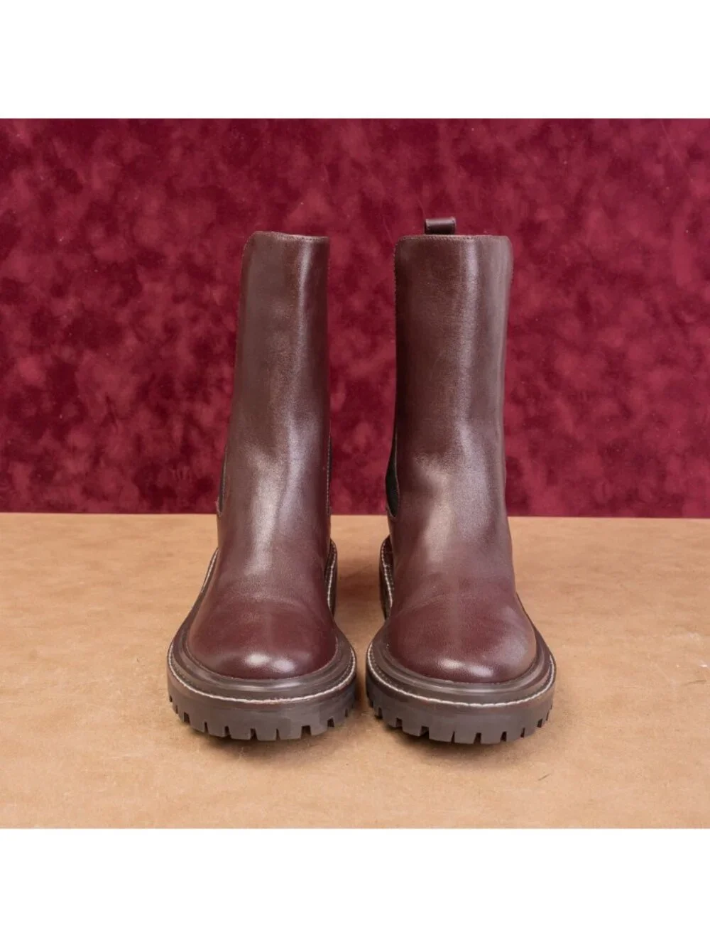Tory Burch Women Benton Chelsea Fashion Burgundy Leather Lug Ankle Boots sz 8